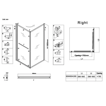 Душевая кабина без поддона KOER SR SC09-90x90x200-R-TR-12 прозрачное стекло EASY CLEAN 6мм матовое золото (KR5771)
