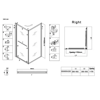 Душевая кабина без поддона KOER SR SC09-90x90x200-R-TR-07 прозрачное стекло EASY CLEAN 6мм графит (KR5772)