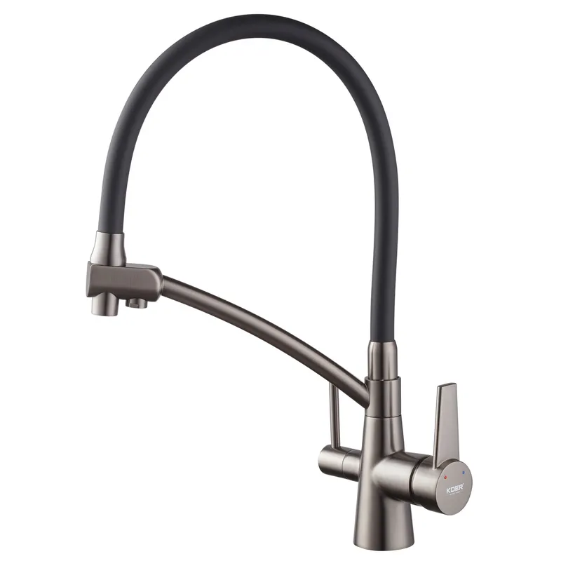Смеситель для кухни с выходом для питьевой воды KOER KB-72003-07 (Цвет графит+силиконовый излив черный) (KR3377)