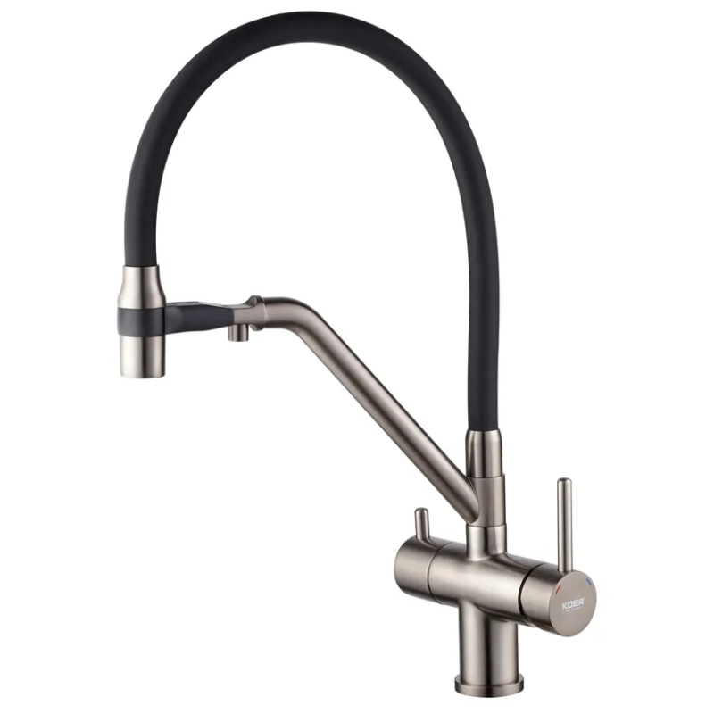 Смеситель для кухни с выходом для питьевой воды KOER KB-72006-07 (Цвет графит+силиконовый излив черный) (KR3382)