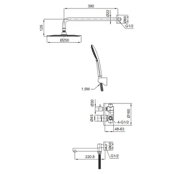 Душова sistema вбудована KOER KI-66018-02, 3 функції, з нерж. сталі SUS304 (Колір нержавіюча сталь) (KR4794)